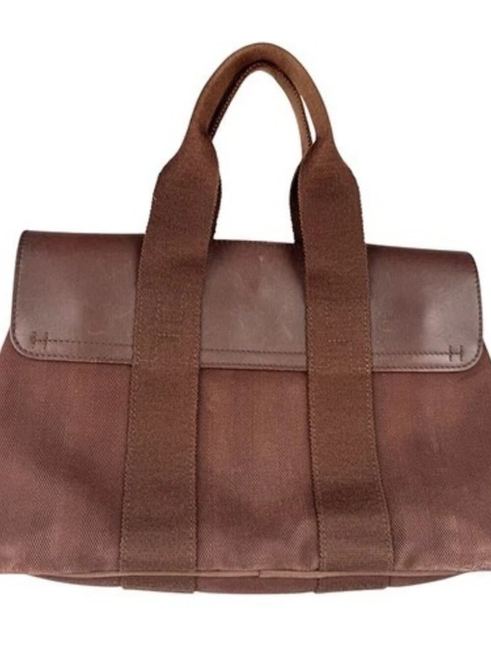 Auth HERMES Valparaiso PM Handbag Brown Cotton/Leather/Silvertone - z8812 - Picture 3 of 13